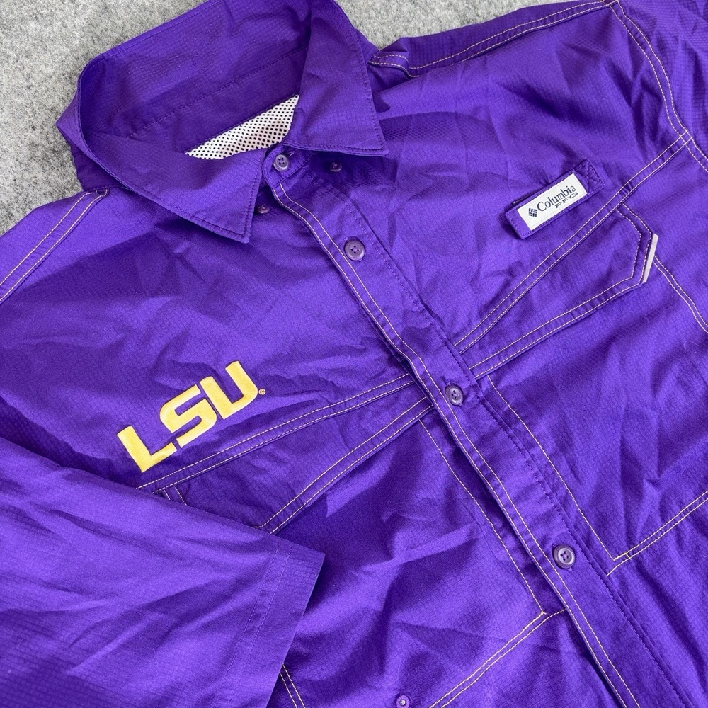 LSU Columbia PFG Shirt Mens Button Up Fishing Fits L/XL Omni-Shade Purple